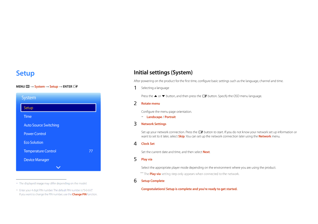 Samsung LH22DBDPLGC/UE, LH22DBDPLGC/EN manual Setup, Initial settings System 