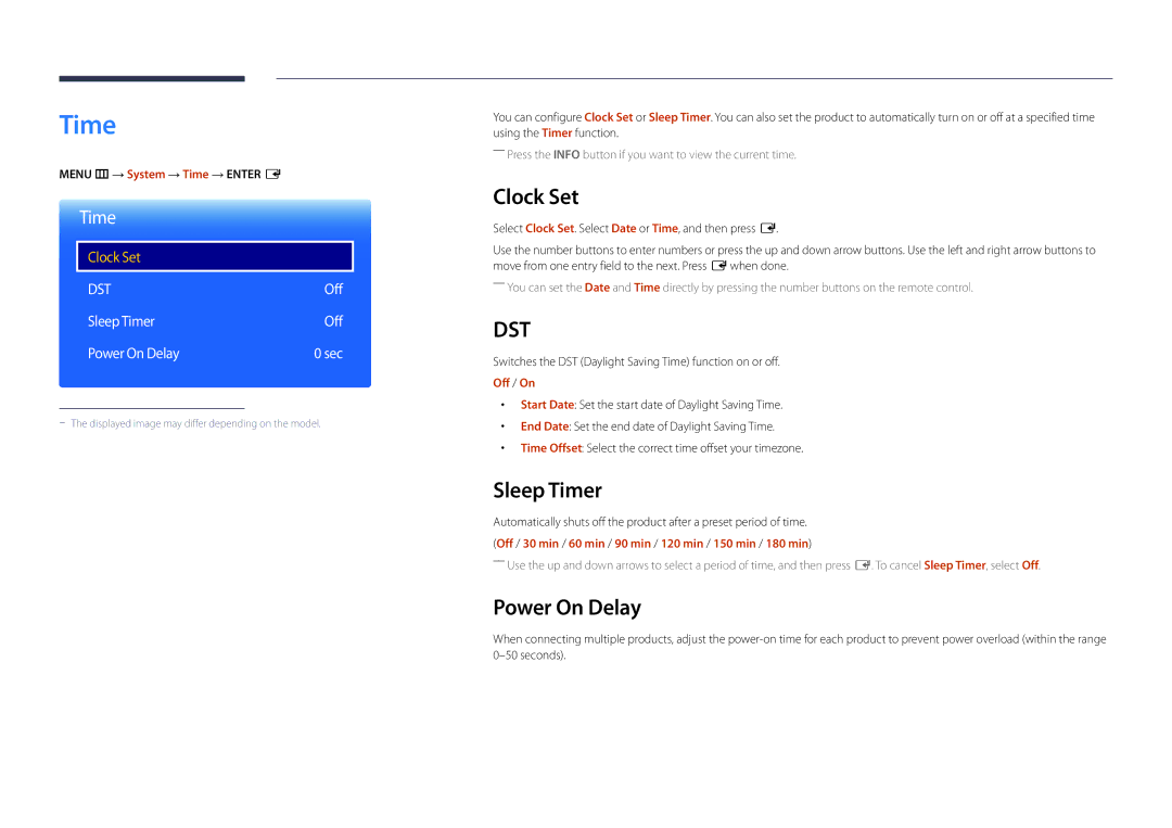 Samsung LH22DBDPLGC/EN, LH22DBDPLGC/UE manual Clock Set, Sleep Timer, Power On Delay 