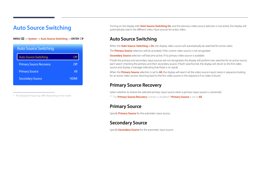 Samsung LH22DBDPLGC/UE, LH22DBDPLGC/EN manual Auto Source Switching, Primary Source Recovery, Secondary Source 