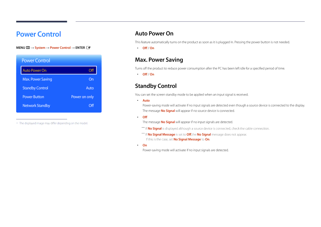 Samsung LH22DBDPLGC/EN, LH22DBDPLGC/UE manual Power Control, Auto Power On, Max. Power Saving, Standby Control 