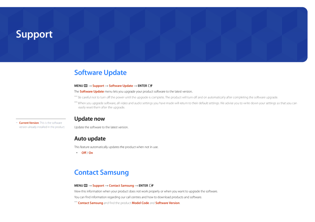 Samsung LH22DBDPLGC/EN, LH22DBDPLGC/UE manual Support, Software Update, Contact Samsung, Update now, Auto update 