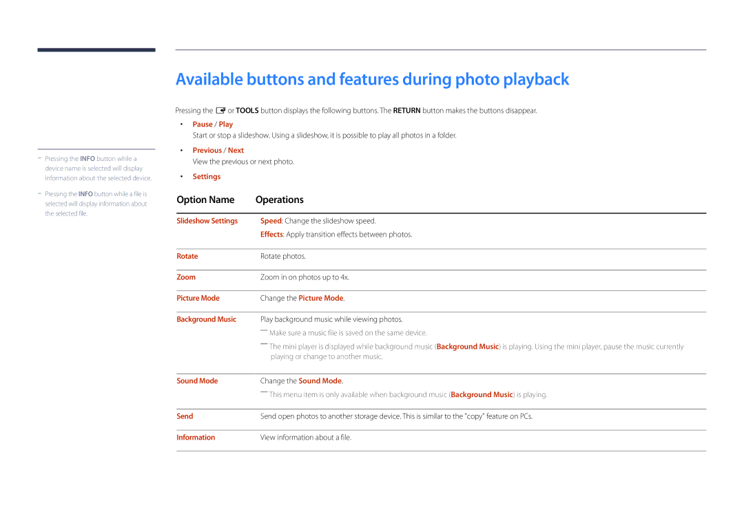 Samsung LH22DBDPLGC/EN, LH22DBDPLGC/UE manual Available buttons and features during photo playback 