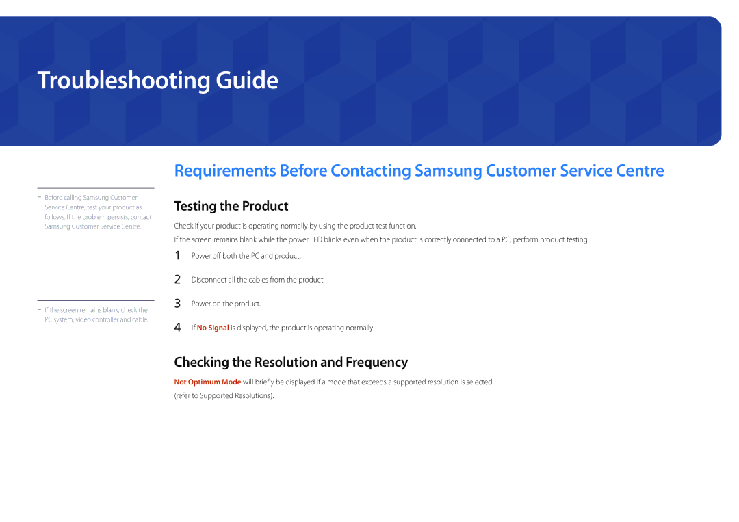 Samsung LH22DBDPLGC/EN, LH22DBDPLGC/UE Troubleshooting Guide, Testing the Product, Checking the Resolution and Frequency 