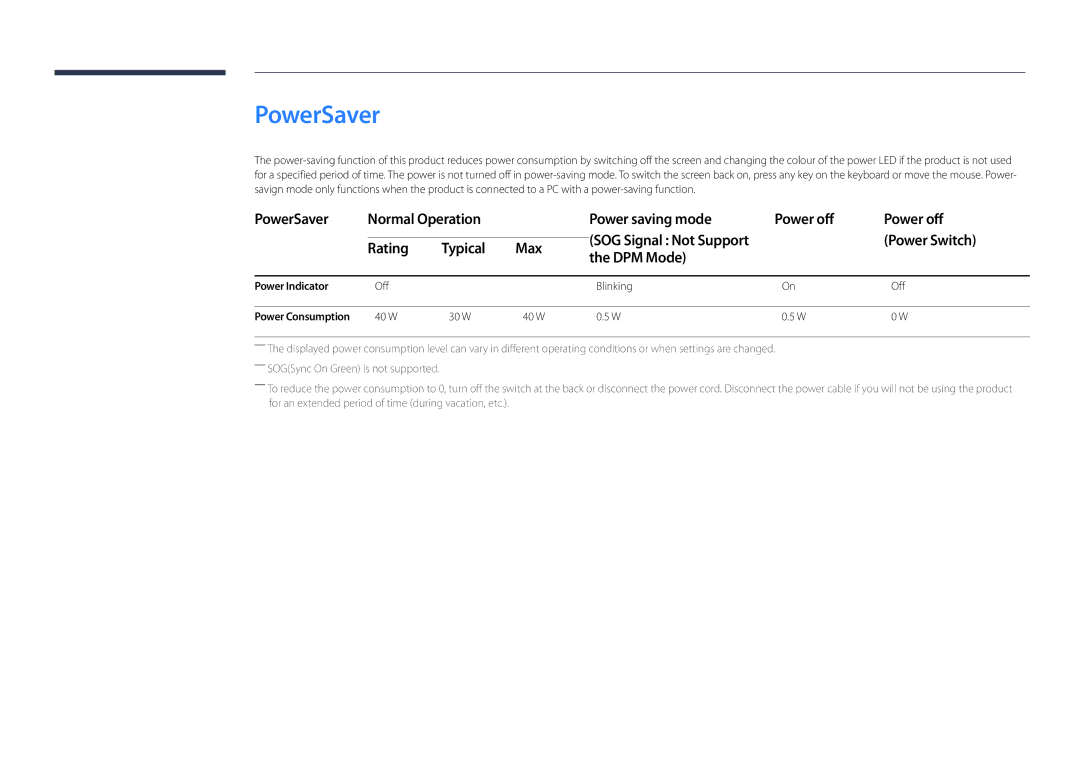 Samsung LH22DBDPLGC/UE, LH22DBDPLGC/EN manual PowerSaver Normal Operation Power saving mode Power off, Power Switch 