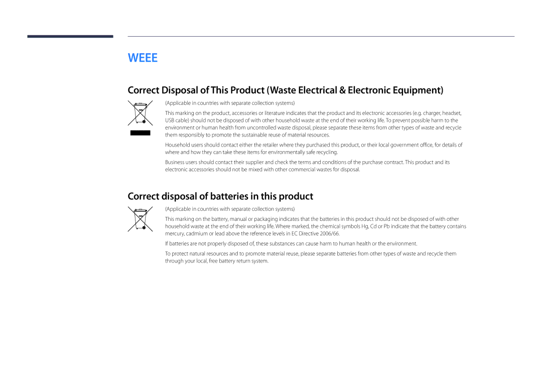 Samsung LH22DBDPLGC/UE, LH22DBDPLGC/EN manual Correct disposal of batteries in this product 