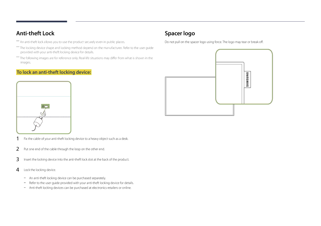 Samsung LH22DBDPLGC/EN, LH22DBDPLGC/UE manual Anti-theft Lock, To lock an anti-theft locking device 