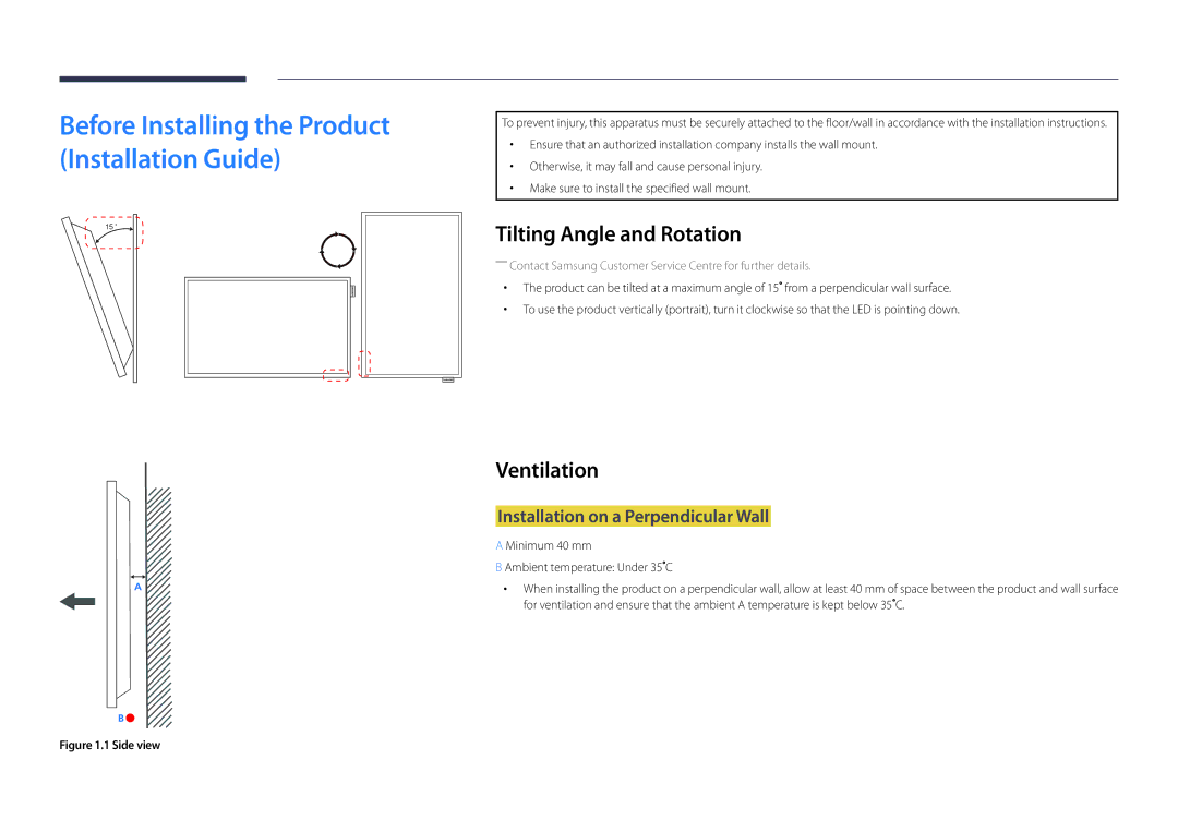 Samsung LH22DBDPLGC/UE, LH22DBDPLGC/EN manual Tilting Angle and Rotation, Ventilation, Installation on a Perpendicular Wall 