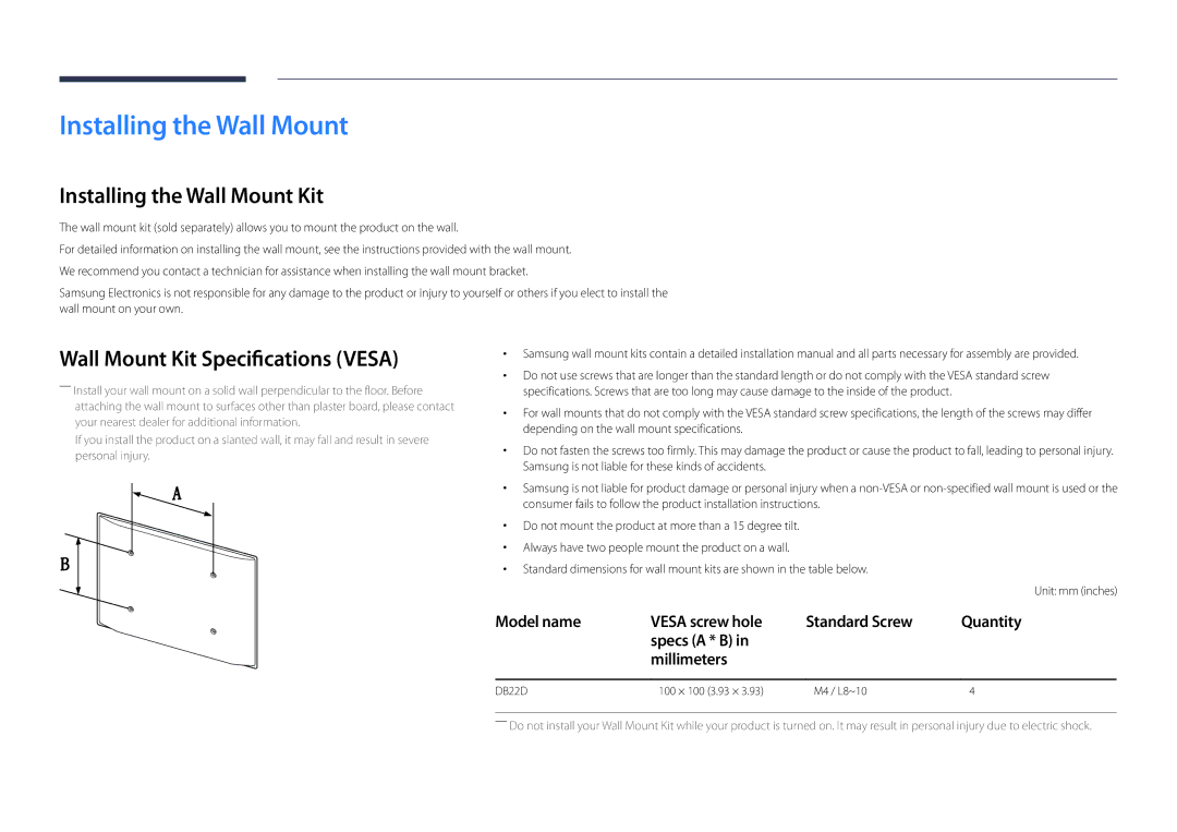 Samsung LH22DBDPLGC/UE Installing the Wall Mount Kit, Wall Mount Kit Specifications Vesa, Specs a * B Millimeters 