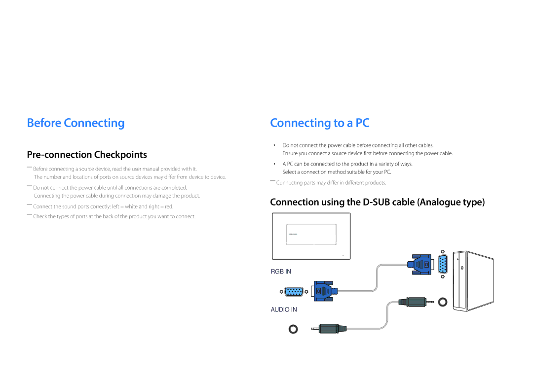 Samsung LH22DBDPLGC/UE, LH22DBDPLGC/EN manual Connecting and Using a Source Device, Before Connecting, Connecting to a PC 