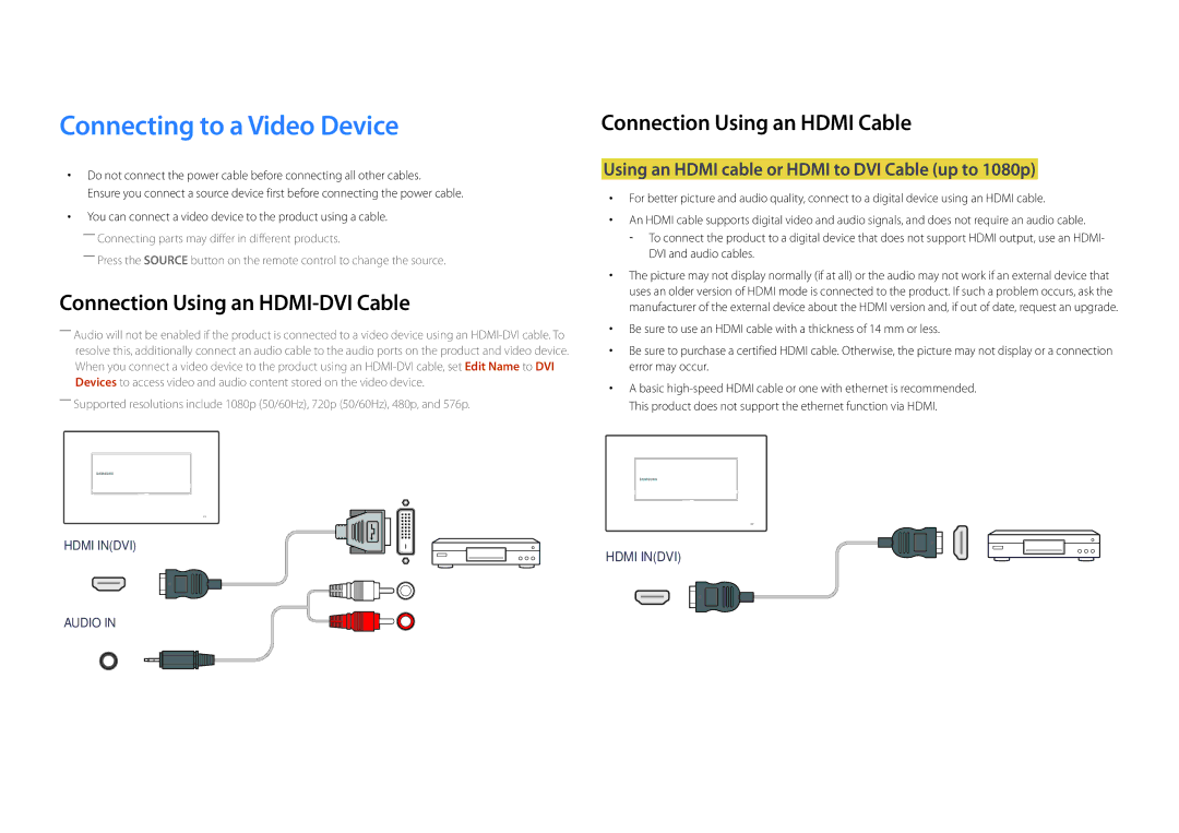 Samsung LH22DBDPLGC/UE, LH22DBDPLGC/EN manual Connecting to a Video Device, Connection Using an Hdmi Cable 