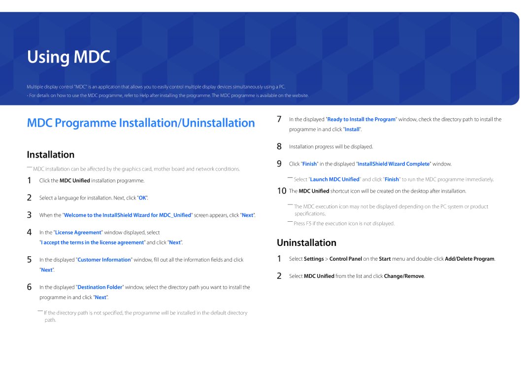 Samsung LH22DBDPLGC/EN, LH22DBDPLGC/UE manual Using MDC, Uninstallation 