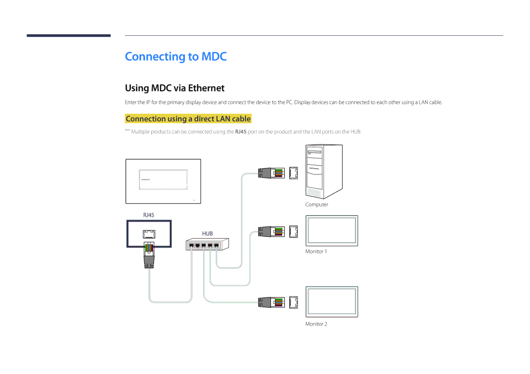 Samsung LH22DBDPLGC/UE Connecting to MDC, Using MDC via Ethernet, Connection using a direct LAN cable, Computer, Monitor 