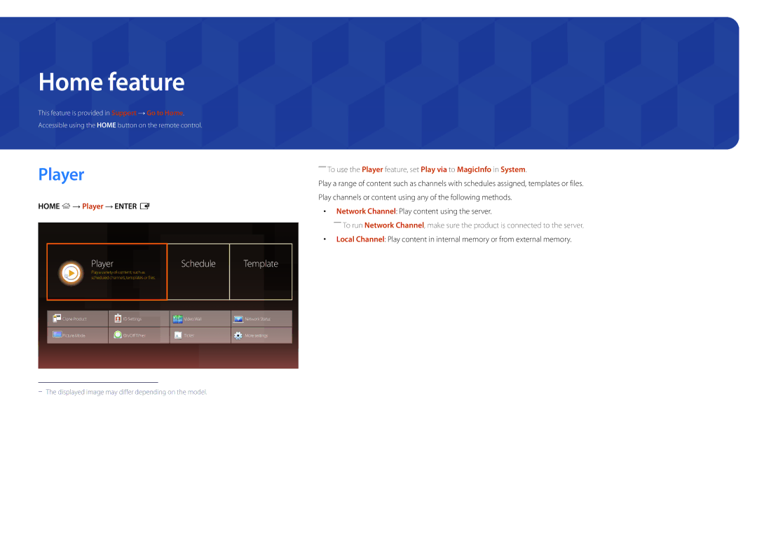 Samsung LH22DBDPLGC/EN, LH22DBDPLGC/UE manual Home feature, Schedule Template, Home → Player → Enter E 