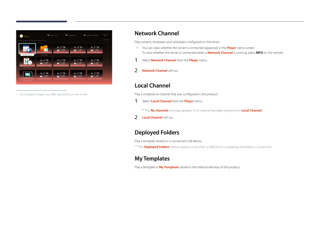 Samsung LH22DBDPLGC/UE, LH22DBDPLGC/EN manual Network Channel, Local Channel, Deployed Folders, My Templates 