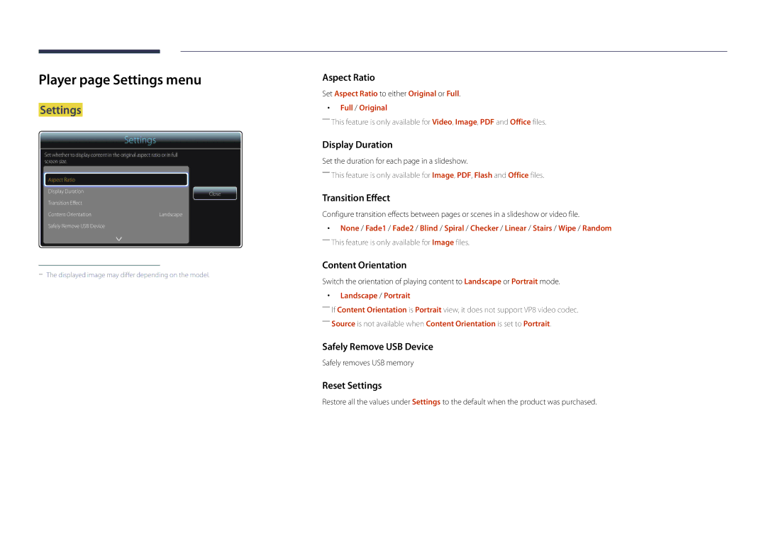 Samsung LH22DBDPLGC/UE manual Player page Settings menu, Set Aspect Ratio to either Original or Full Full / Original 