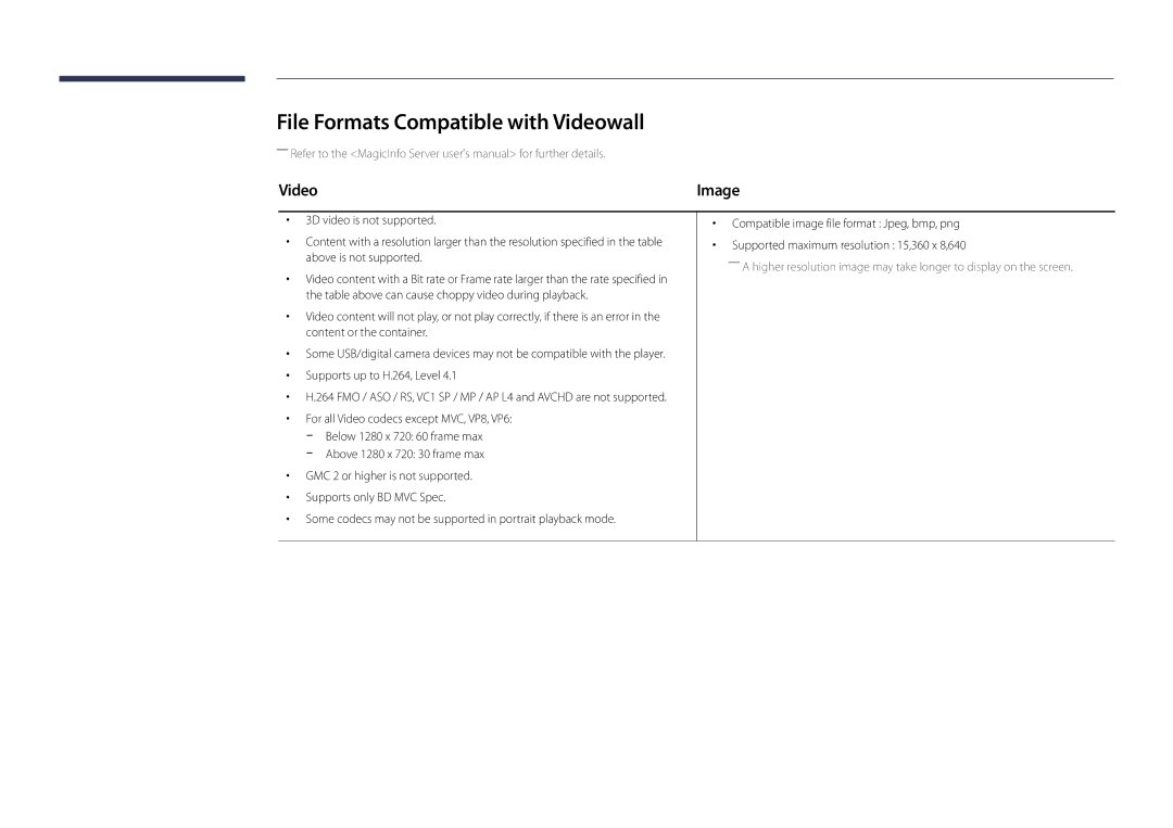 Samsung LH22DBDPLGC/UE, LH22DBDPLGC/EN manual File Formats Compatible with Videowall 