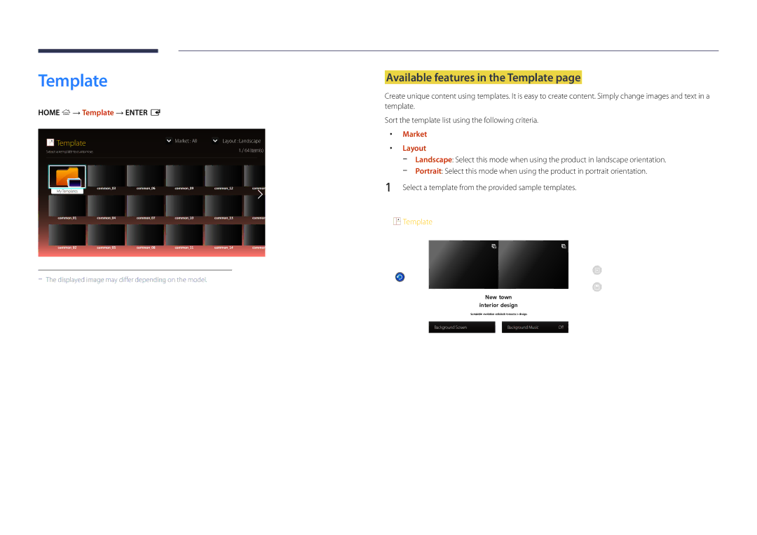 Samsung LH22DBDPLGC/UE, LH22DBDPLGC/EN Available features in the Template, Home → Template → Enter E, Market, Layout 