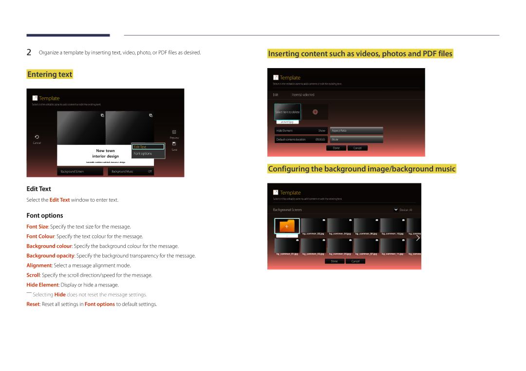 Samsung LH22DBDPLGC/EN, LH22DBDPLGC/UE manual Entering text, Configuring the background image/background music 