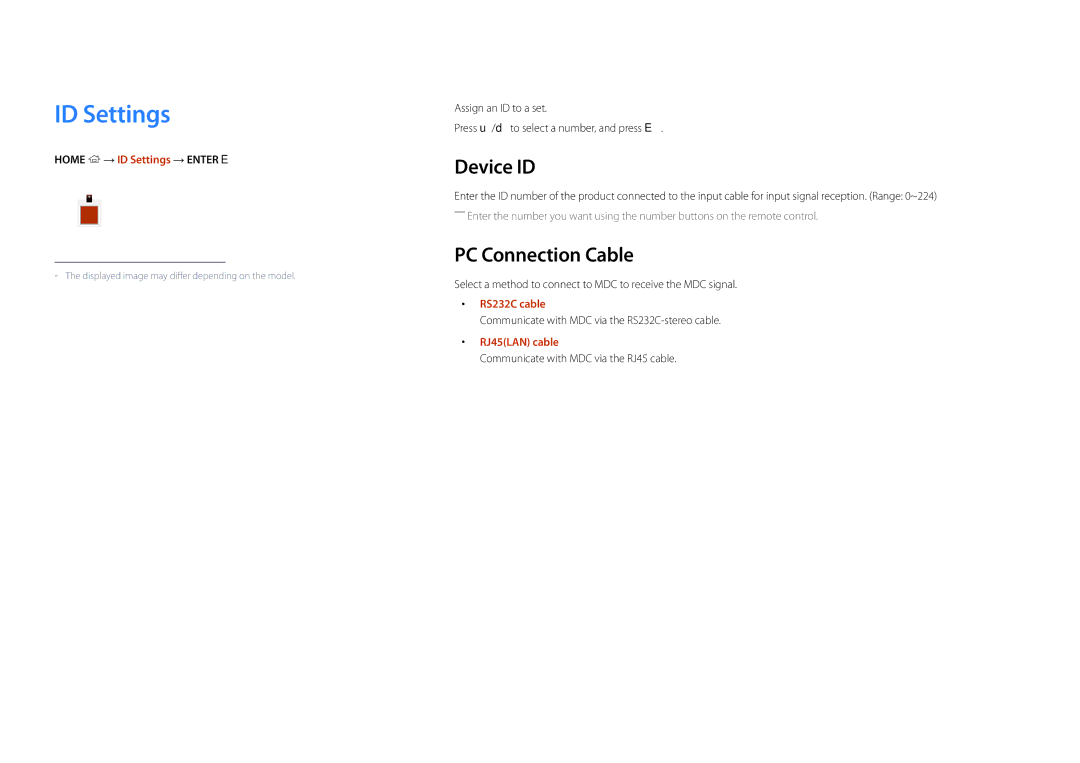 Samsung LH22DBDPLGC/UE, LH22DBDPLGC/EN manual ID Settings, Device ID, PC Connection Cable 