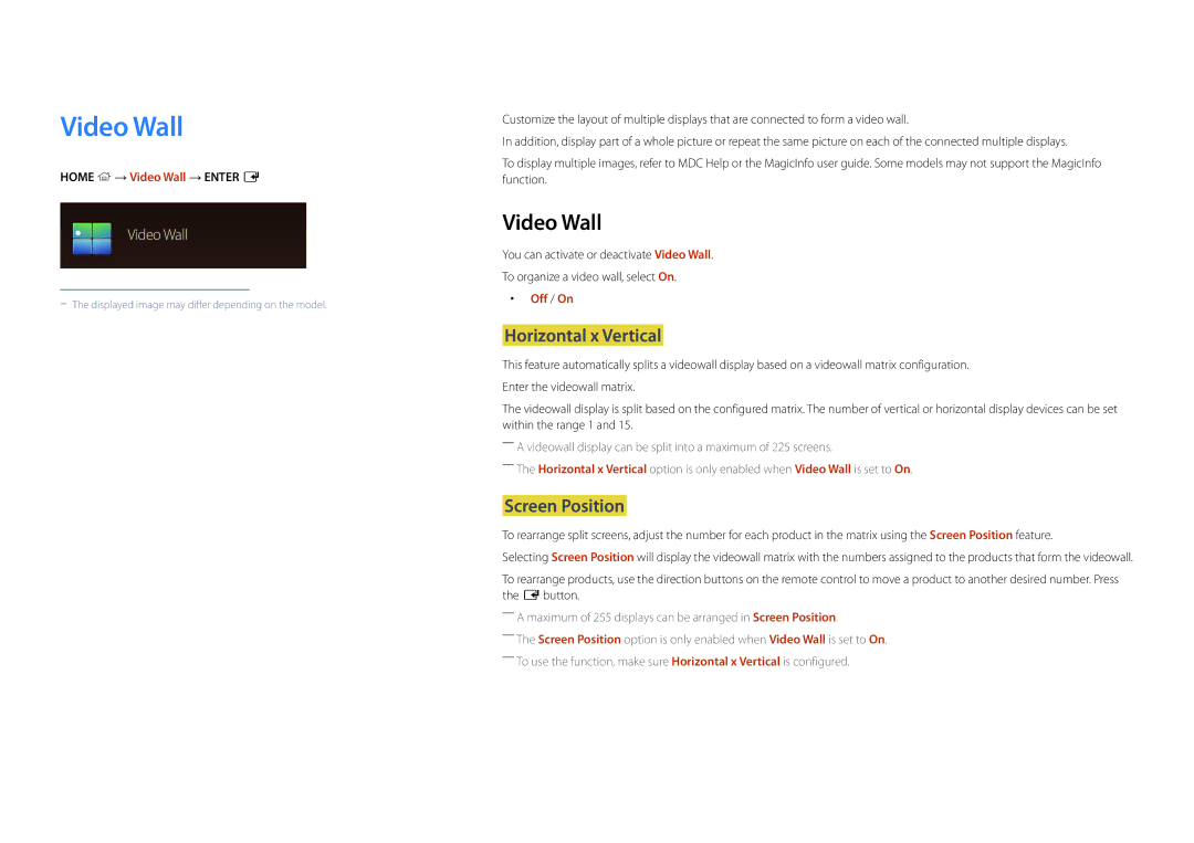 Samsung LH22DBDPLGC/EN, LH22DBDPLGC/UE manual Video Wall, Horizontal x Vertical, Screen Position 