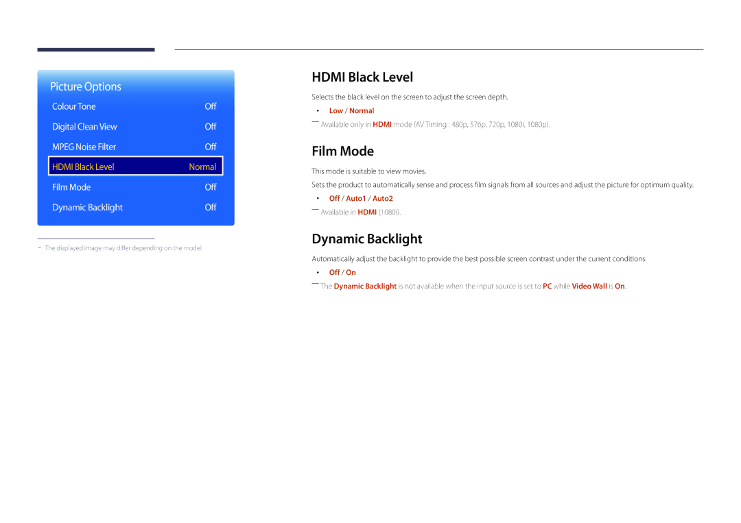 Samsung LH22DBDPLGC/EN, LH22DBDPLGC/UE manual Hdmi Black Level, Film Mode, Dynamic Backlight 