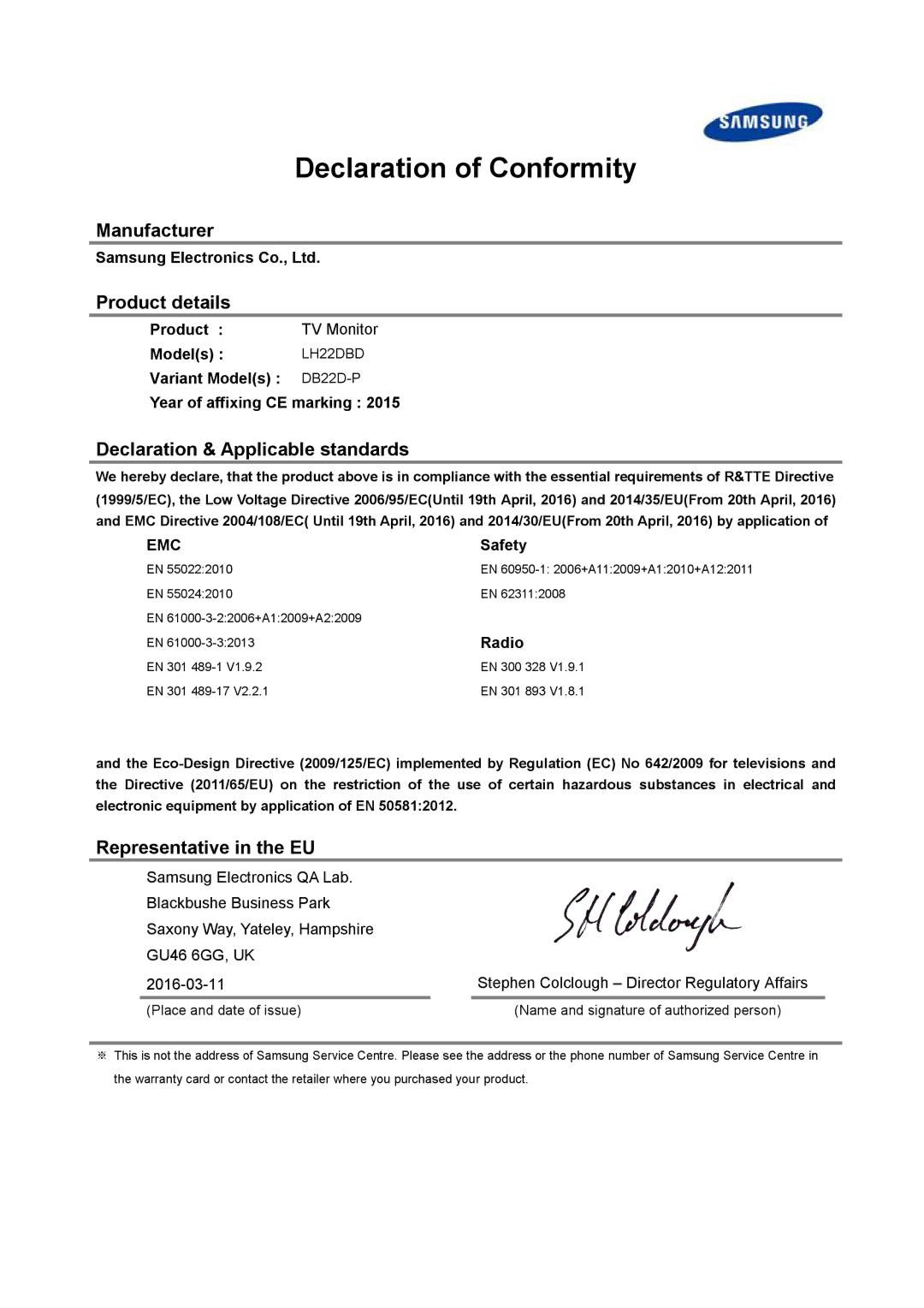 Samsung LH22DBDPLGC/UE manual Declaration of Conformity, Manufacturer Product details, Declaration & Applicable standards 