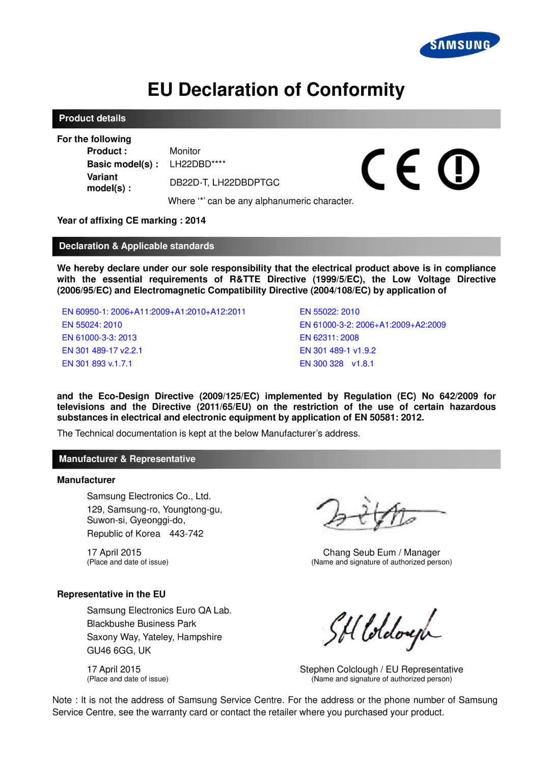 Samsung LH22DBDPLGC/UE, LH22DBDPLGC/EN manual EU Declaration of Conformity, Product details, DB22D-T, LH22DBDPTGC 