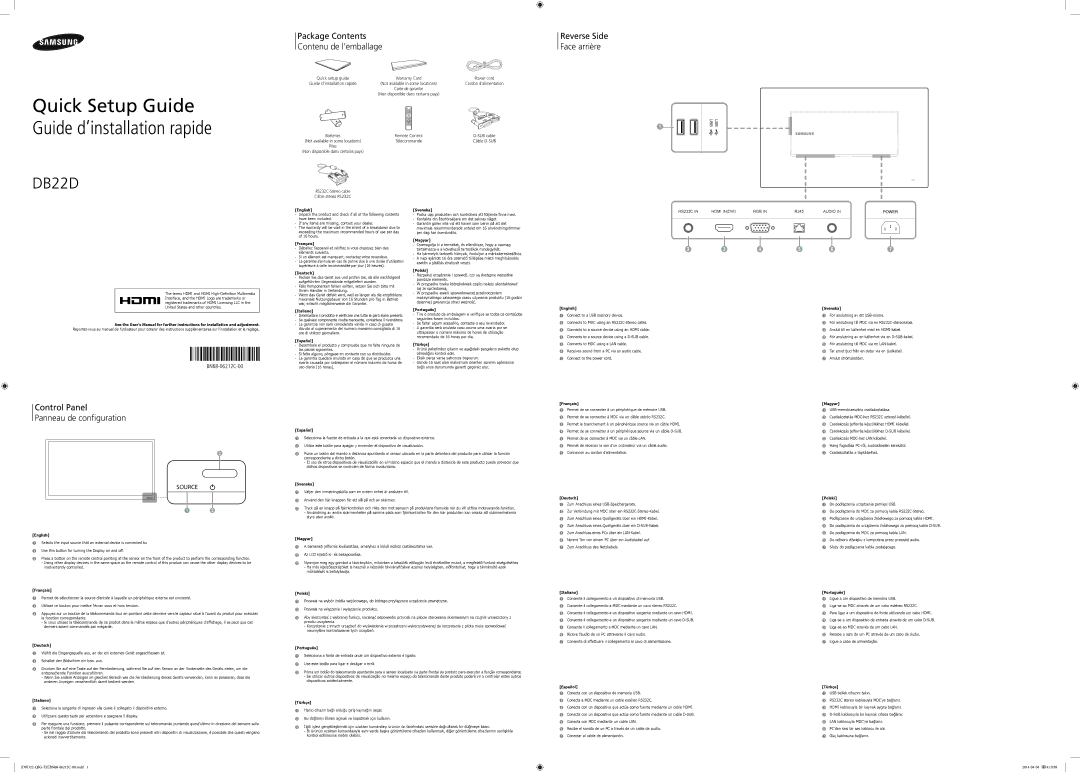 Samsung LH22DBDPLGC/UE, LH22DBDPLGC/EN manual Control Panel Panneau de configuration 