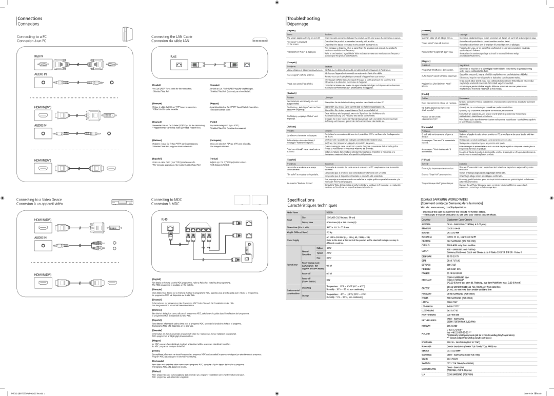 Samsung LH22DBDPLGC/EN manual Connections Connexions, Troubleshooting Dépannage, Specifications Caractéristiques techniques 