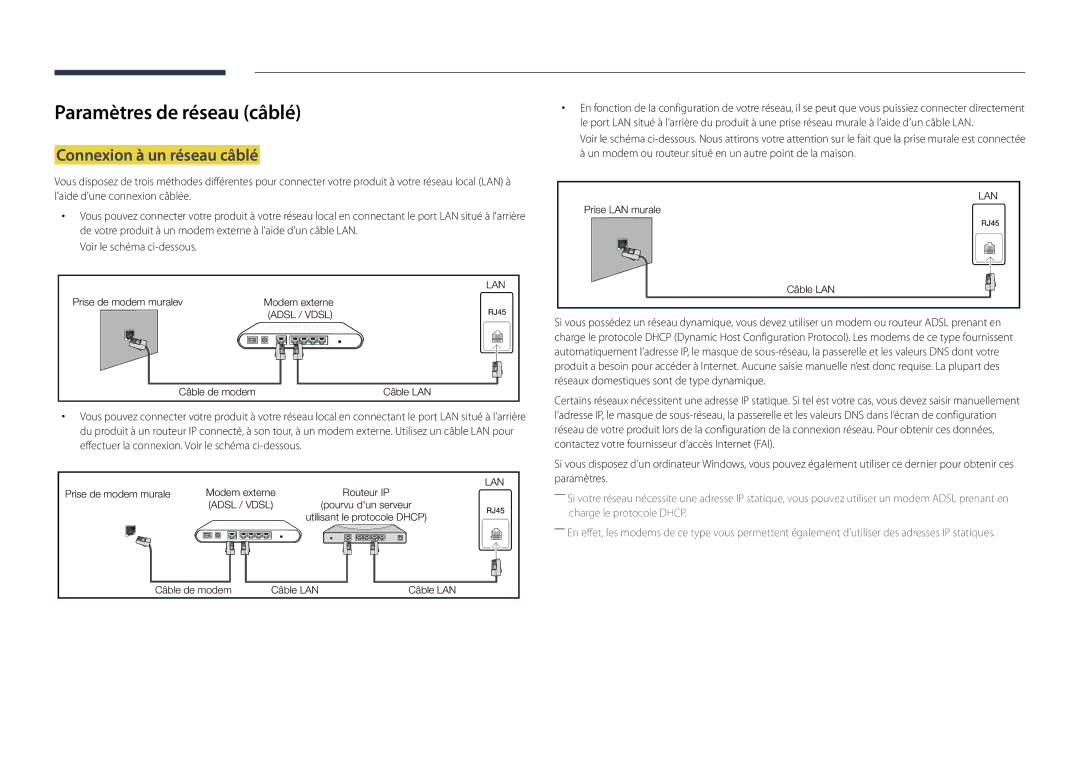 Samsung LH22DBDPLGC/EN manual Paramètres de réseau câblé, Connexion à un réseau câblé 