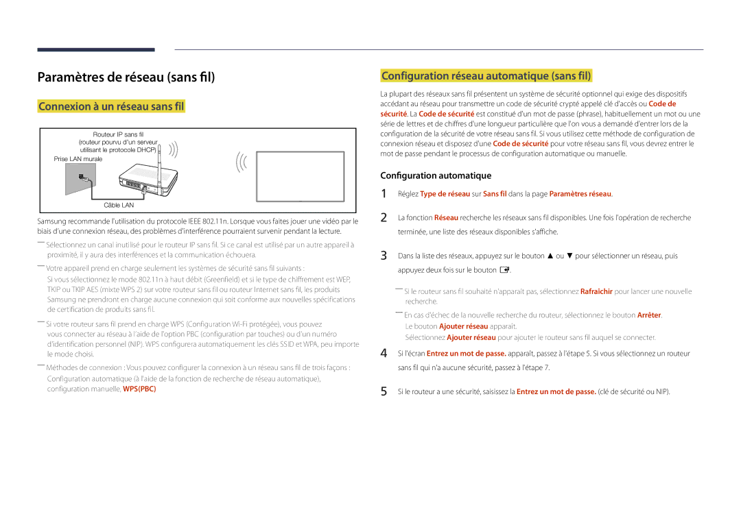 Samsung LH22DBDPLGC/EN manual Paramètres de réseau sans fil, Connexion à un réseau sans fil 