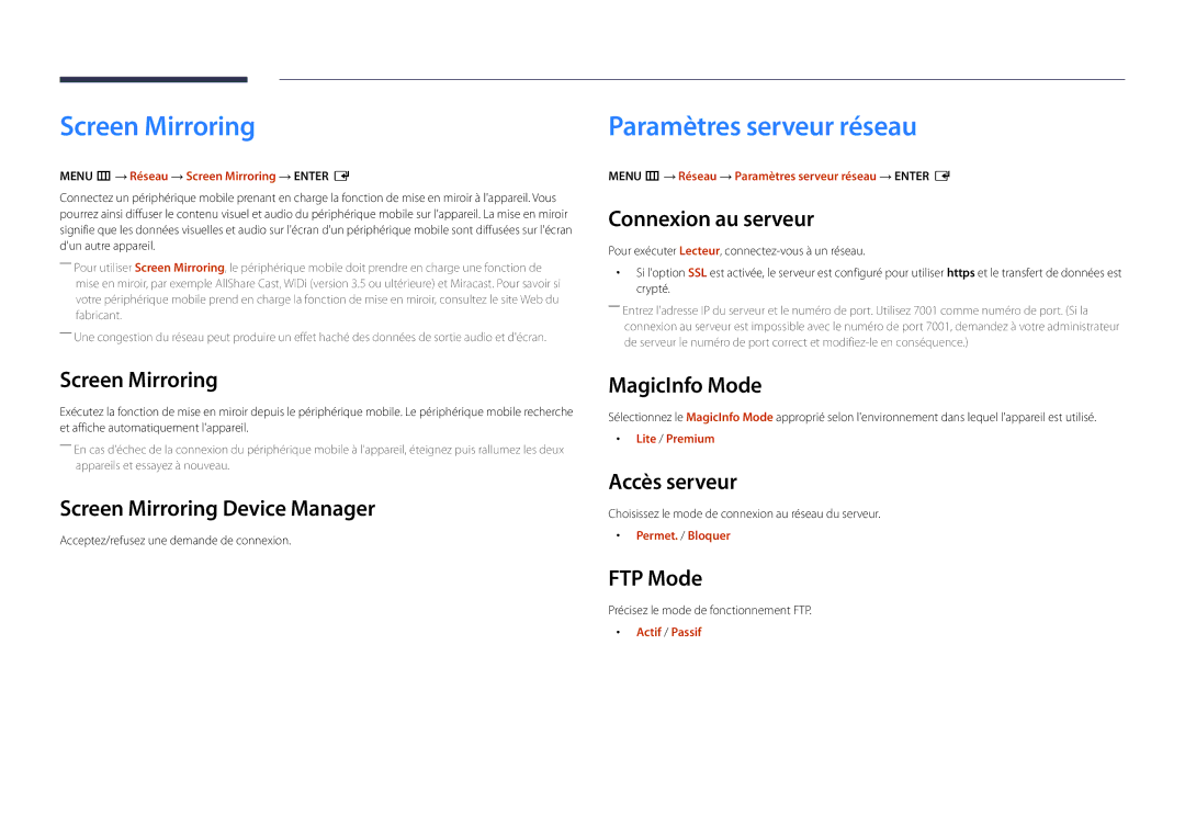 Samsung LH22DBDPLGC/EN manual Screen Mirroring, Paramètres serveur réseau 