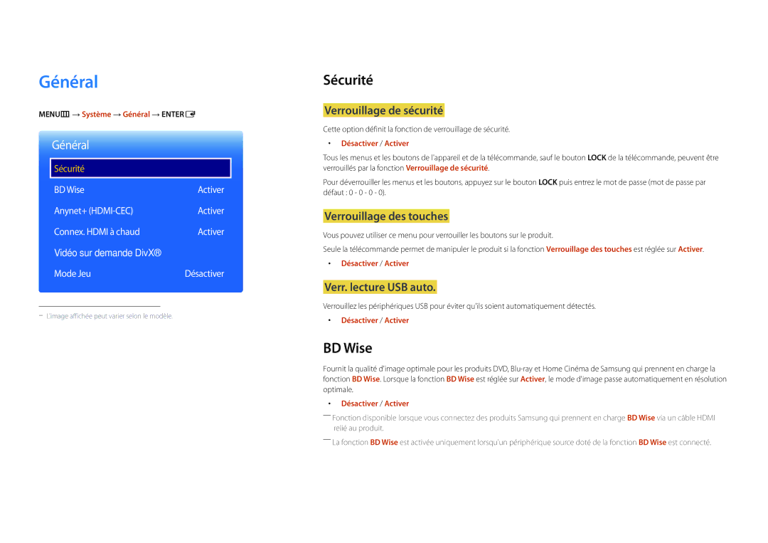 Samsung LH22DBDPLGC/EN manual Général, Sécurité, BD Wise 