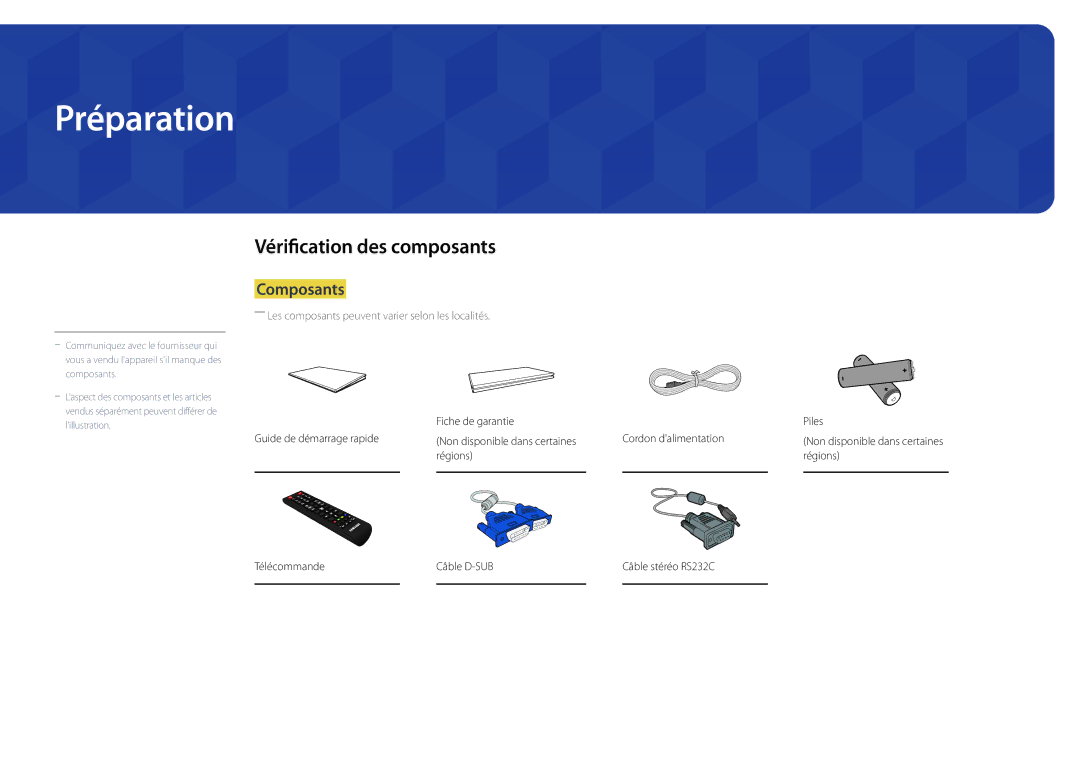 Samsung LH22DBDPLGC/EN manual Préparation, Vérification des composants, Composants 