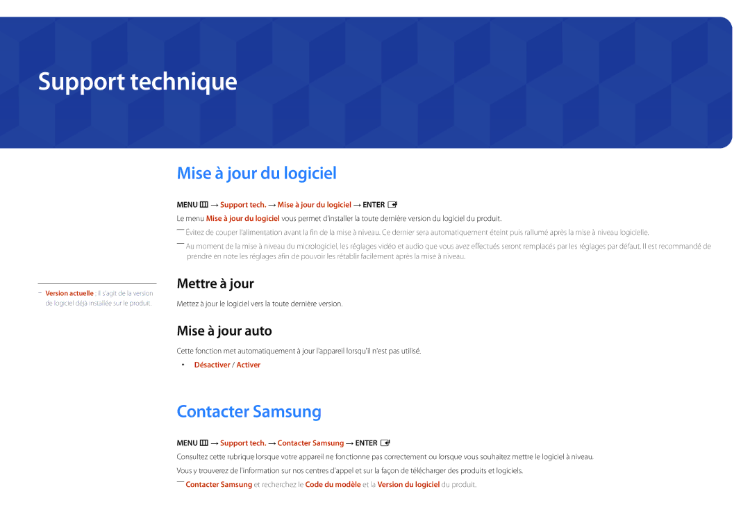 Samsung LH22DBDPLGC/EN Support technique, Mise à jour du logiciel, Contacter Samsung, Mettre à jour, Mise à jour auto 