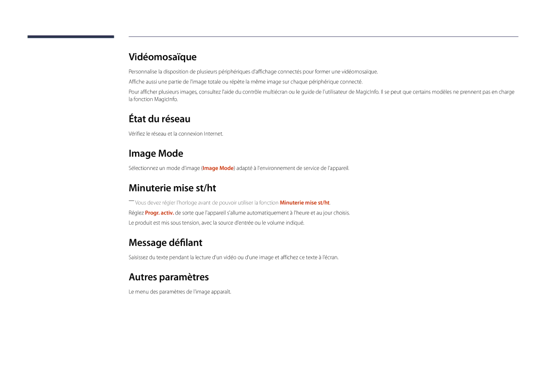 Samsung LH22DBDPLGC/EN manual État du réseau, Image Mode, Minuterie mise st/ht, Message défilant, Autres paramètres 