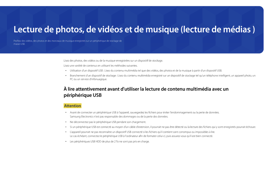 Samsung LH22DBDPLGC/EN manual Lecture de photos, de vidéos et de musique lecture de médias 