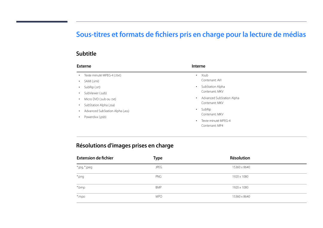 Samsung LH22DBDPLGC/EN manual Subtitle, Résolutions dimages prises en charge, Externe, Extension de fichier Type Résolution 