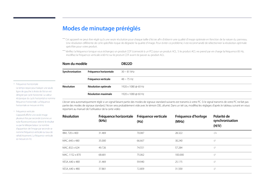 Samsung LH22DBDPLGC/EN manual Modes de minutage préréglés, Polarité de, KHz MHz Synchronisation 