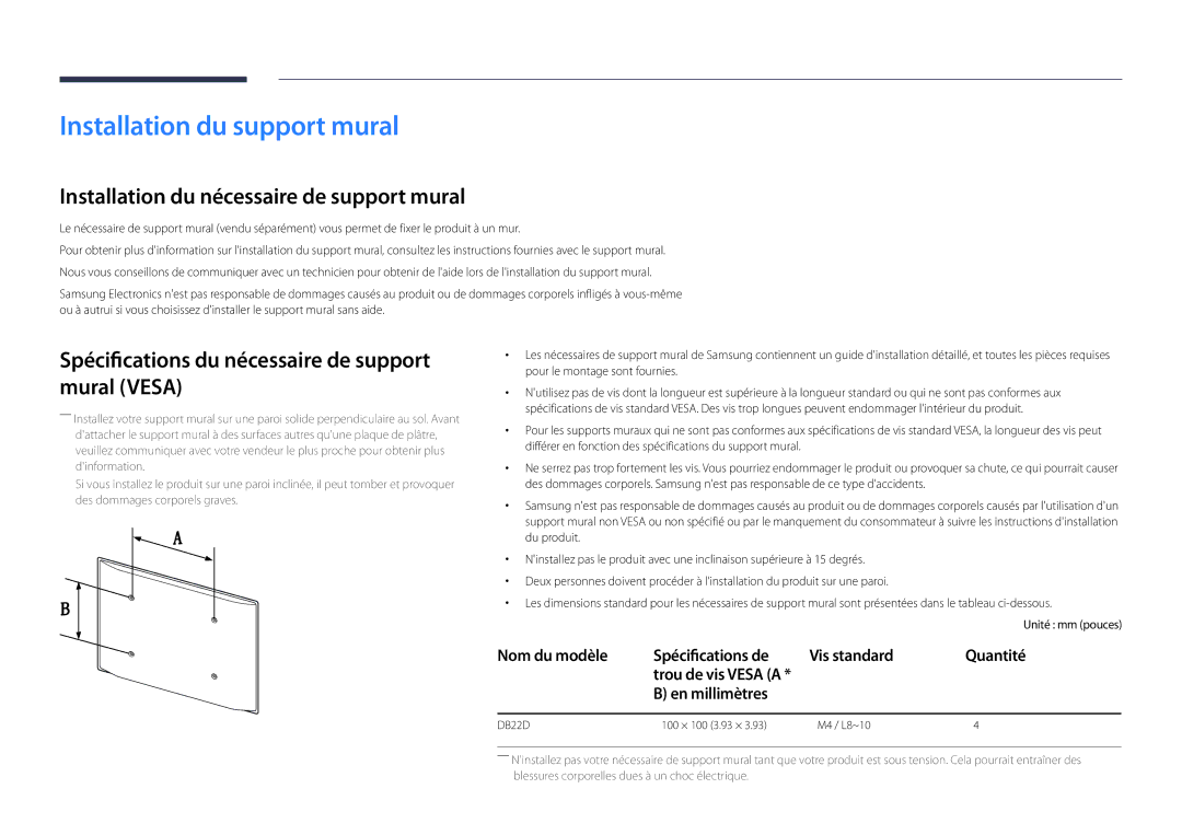 Samsung LH22DBDPLGC/EN manual Installation du support mural, Installation du nécessaire de support mural, En millimètres 