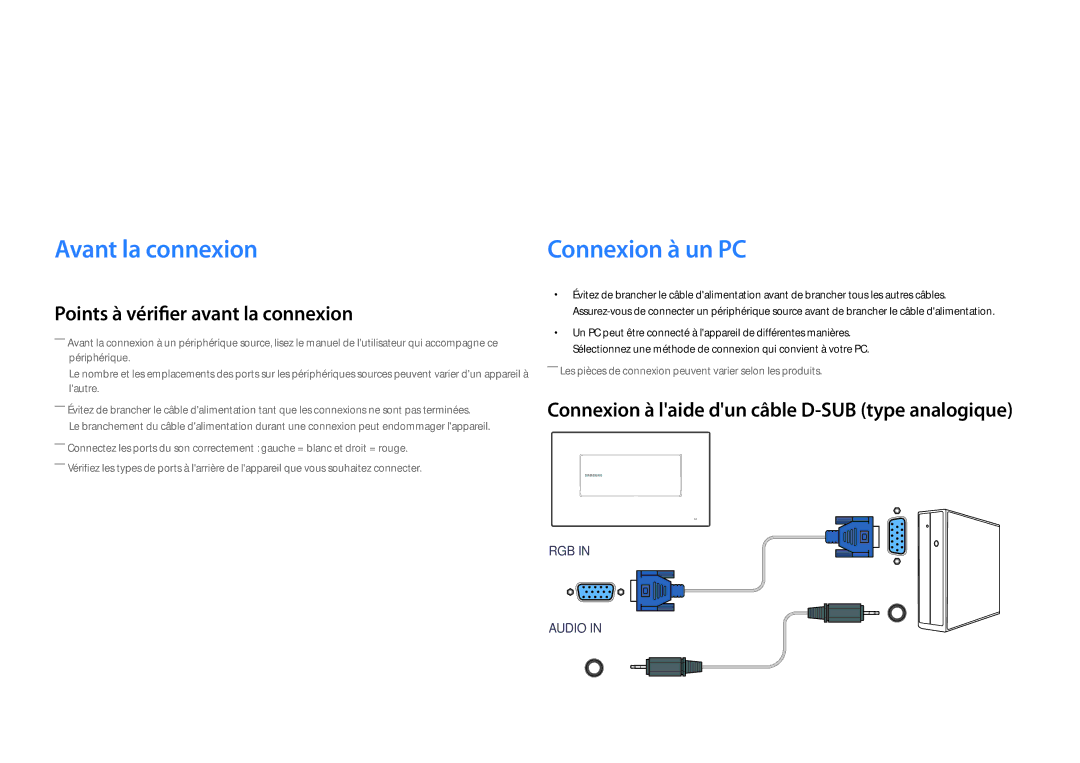 Samsung LH22DBDPLGC/EN manual Connexion et utilisation dun périphérique source, Avant la connexion 