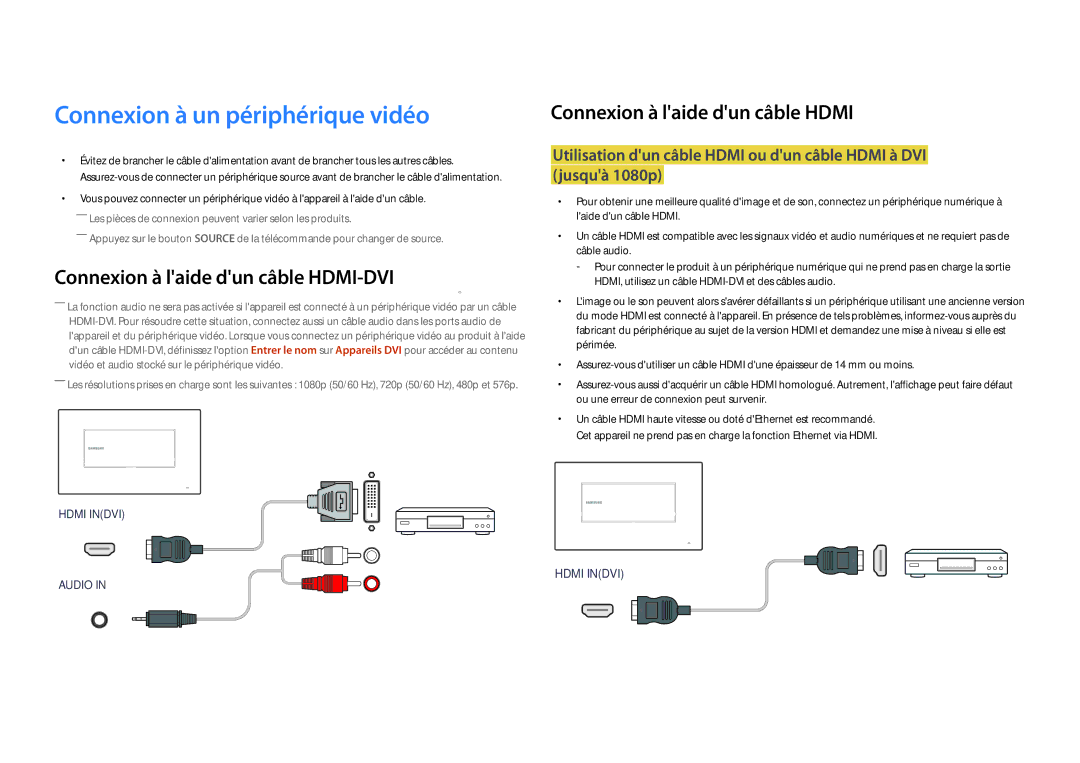 Samsung LH22DBDPLGC/EN manual Connexion à un périphérique vidéo, Connexion à laide dun câble Hdmi 