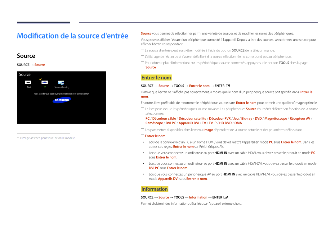 Samsung LH22DBDPLGC/EN manual Information, Source → Source → Tools → Entrer le nom → Enter E 