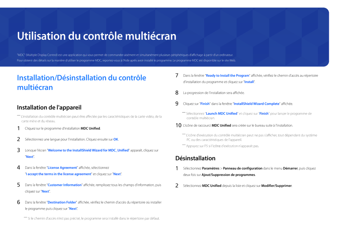 Samsung LH22DBDPLGC/EN manual Utilisation du contrôle multiécran, Installation/Désinstallation du contrôle multiécran 