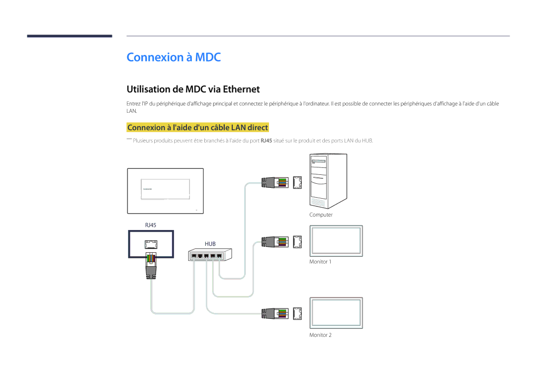 Samsung LH22DBDPLGC/EN Connexion à MDC, Utilisation de MDC via Ethernet, Connexion à laide dun câble LAN direct, Computer 