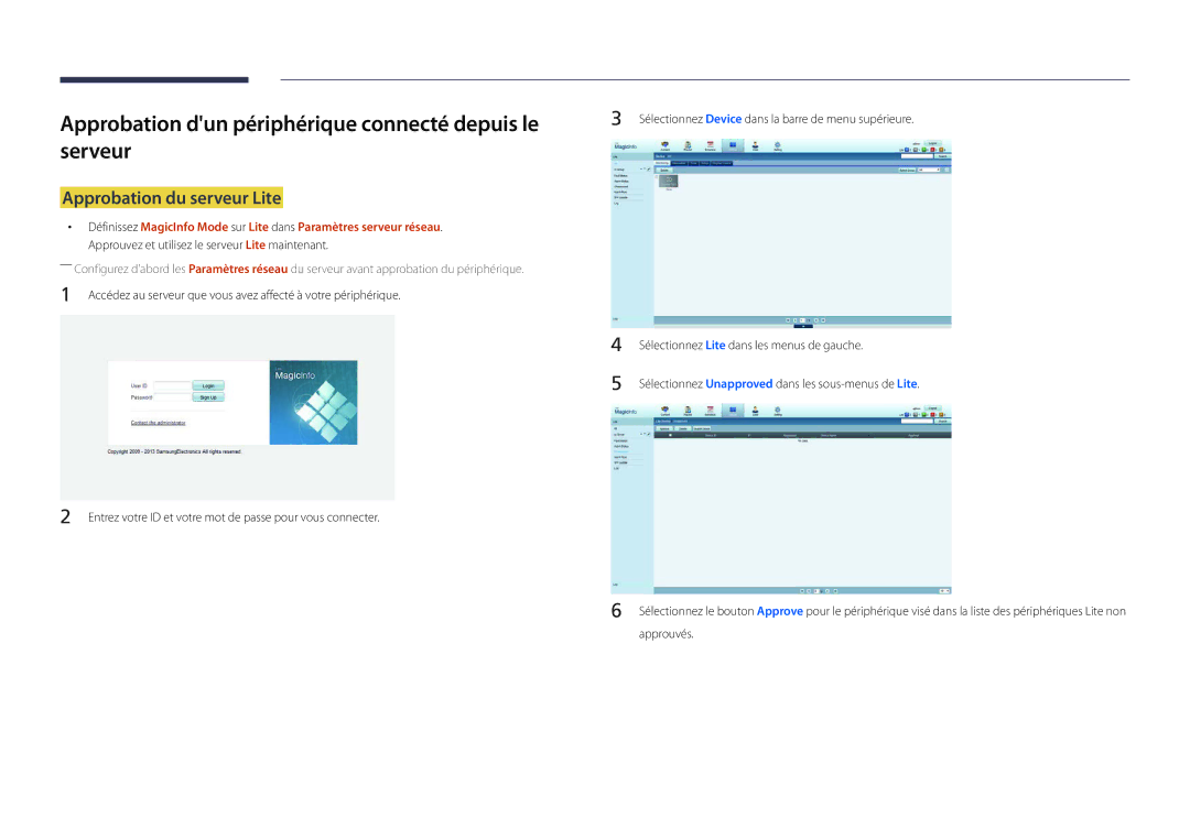 Samsung LH22DBDPLGC/EN manual Approbation dun périphérique connecté depuis le serveur, Approbation du serveur Lite 