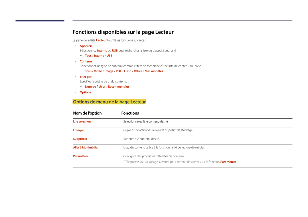 Samsung LH22DBDPLGC/EN manual Fonctions disponibles sur la page Lecteur, Options de menu de la page Lecteur 