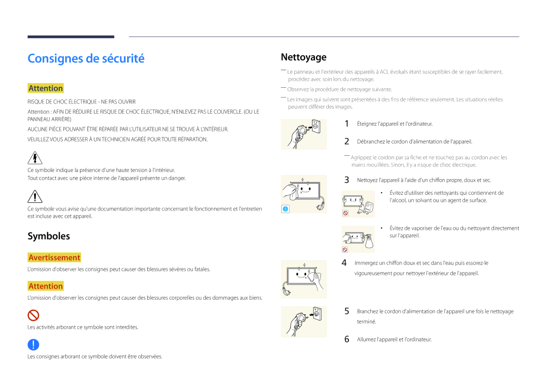 Samsung LH22DBDPLGC/EN manual Consignes de sécurité, Nettoyage, Symboles, Éteignez lappareil et lordinateur 