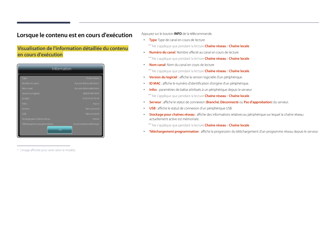 Samsung LH22DBDPLGC/EN manual Lorsque le contenu est en cours dexécution 