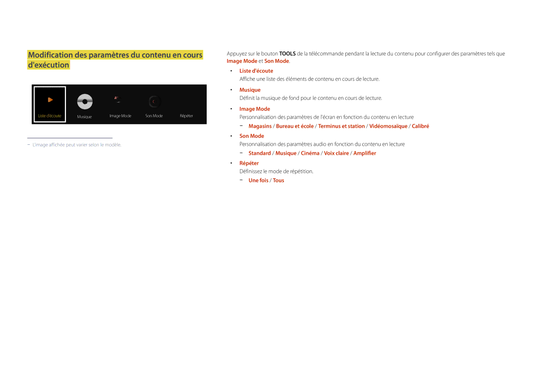 Samsung LH22DBDPLGC/EN Modification des paramètres du contenu en cours dexécution, Liste découte, Musique, Image Mode 